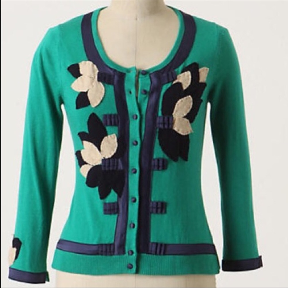 Anthropologie Field Flower Green Blue Cardigan - S